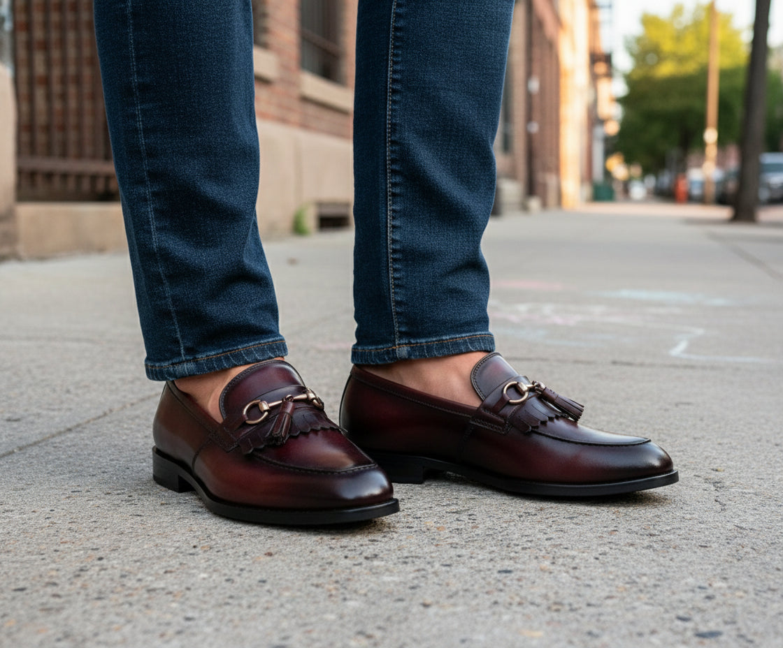model-outdoor - Handmade Men Burgundy Leather Fringe Dress Shoes, Men Leather Penny Loafer