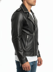 model-side-view - Fashion Leather Silver Studded Real Soft Leather Biker Style Jacket For Men
