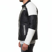 model-side-view - Handmade Mens black and white slim fit biker jacket, Men leather Jacket