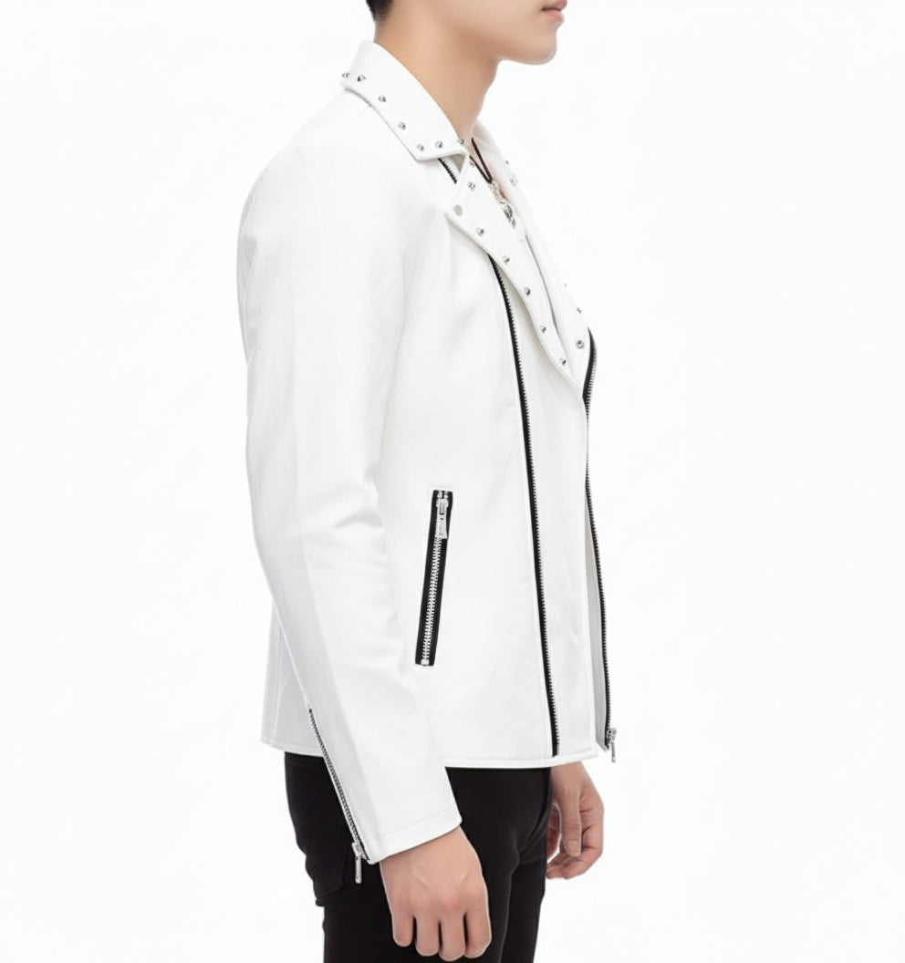 model-side-view - Handmade Mens Fashion White Biker Jacket, Mens White Studded belted Jacket
