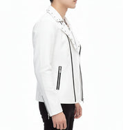 model-side-view - Handmade Mens Fashion White Biker Jacket, Mens White Studded belted Jacket