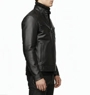 model-side-view - Men black Leather Motorcycle Jacket, Black biker leather Jacket