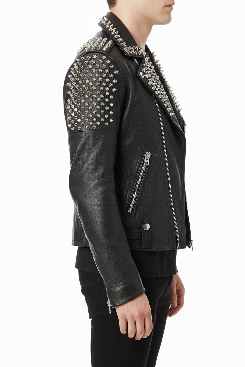 model-side-view - Men Casual Black Silver Studded Rocker Punk Style Biker Leather Jacket