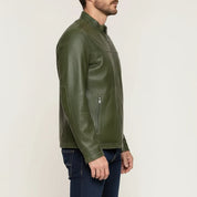 model-side-view - Men Green Slim fit leather jacket, real leather biker jacket