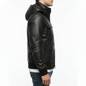 model-side-view - Men Korean Style Hooded Leather Jacket, Slim Fit Leather Jacket