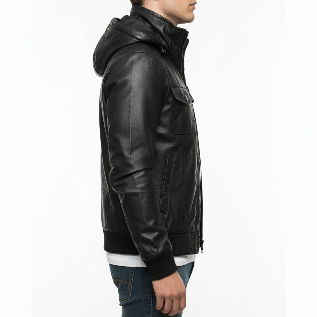 model-side-view - Men Korean Style Hooded Leather Jacket, Slim Fit Leather Jacket