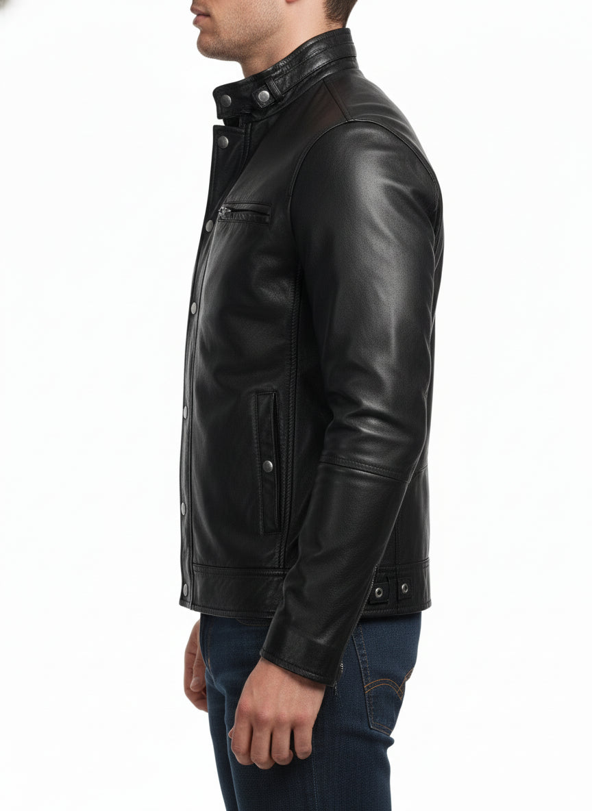model-side-view - Men Stand Collar Leather Jacket, Black Jacket, 's Biker Leather Jackets