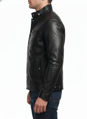 model-side-view - Men Stand Collar Leather Jacket, Black Jacket, 's Biker Leather Jackets