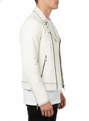 model-side-view - Men White Studded Leather Jacket, Motorcycle Fashion Leather Jackets