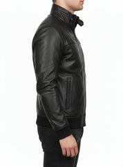 model-side-view - Mens Biker Leather Jacket, Men Slim Fit Black Biker Leather Jacket
