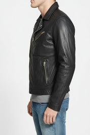 model-side-view - Men's Black Leather Motorcycle Jacket