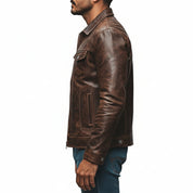 model-side-view - Men's Cafe Racer Field Jacket, Leather Motorcycle Jacket, Handmade Biker Jacket, Distressed Leather Jacket