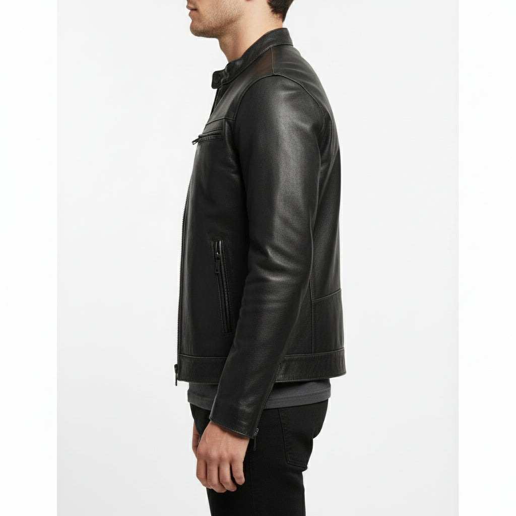 model-side-view - Men's Cafe Racer Leather Jacket, Black Leather Jacket, Distressed Leather Jacket, Slim Fit Leather Jacket