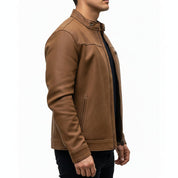model-side-view - Men's Cafe Racer Leather Jacket, Leather Biker Jacket, Motorcycle Leather Jacket, Men's Moto Jacket