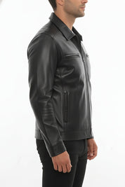 model-side-view - Men's Cafe Racer Leather Jacket, Motorcycle Leather Jacket, Handmade Biker Jacket