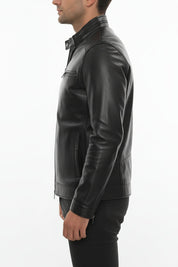 model-side-view - Men's Cafe Racer Leather Jacket, Smooth Leather Biker Jacket, Men's Motorcycle Jacket, Leather Moto Jacket