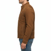 model-side-view - Men's Cafe Racer Suede Jacket, Suede Biker Jacket, Men's Motorcycle Jacket, Brown Suede Moto Jacket