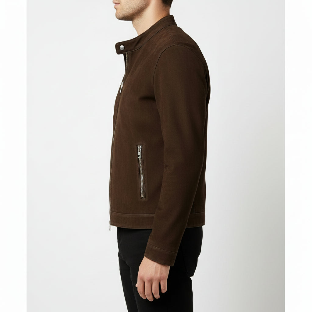 model-side-view - Men's Cafe Racer Suede Jacket, Suede Biker Jacket, Suede Motorcycle Jacket, Men's Racer Style Jacket