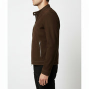model-side-view - Men's Cafe Racer Suede Jacket, Suede Biker Jacket, Suede Motorcycle Jacket, Men's Racer Style Jacket