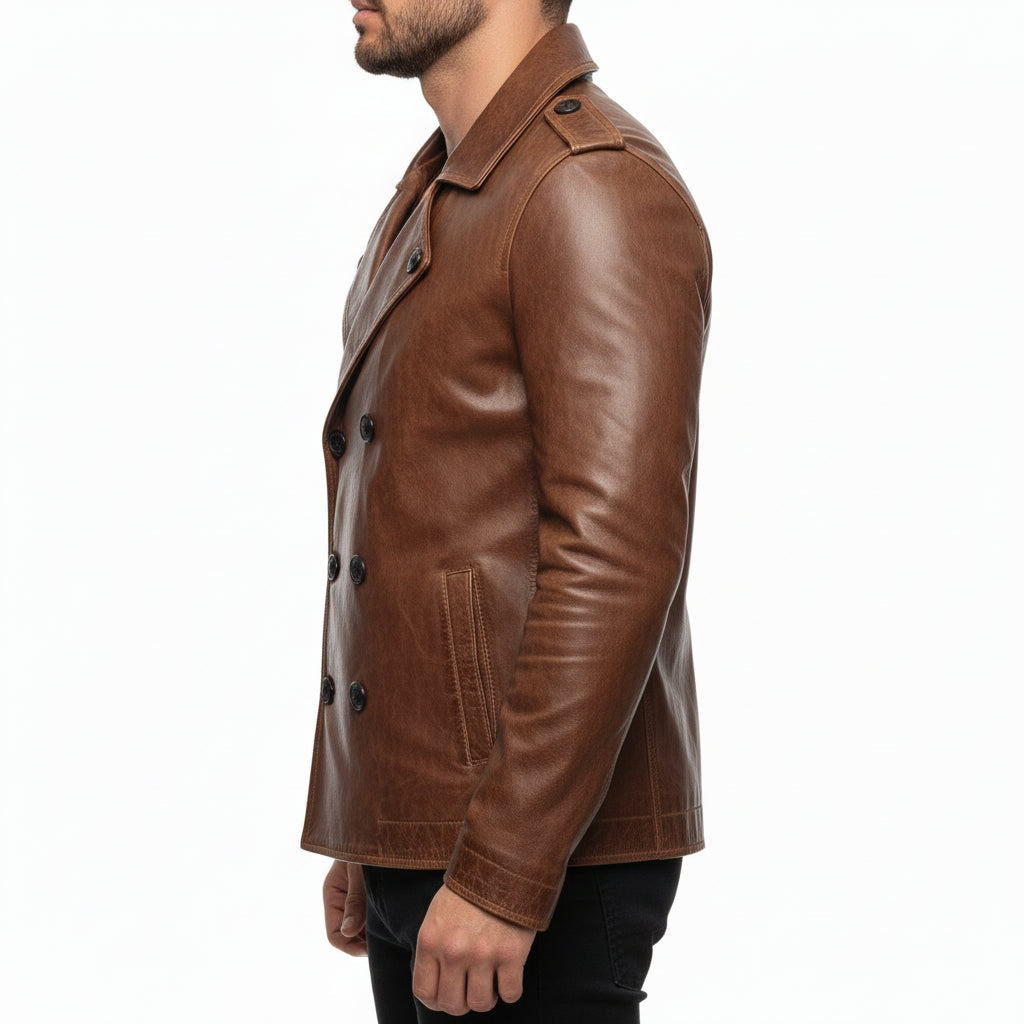 model-side-view - Men's Double-Breasted Leather Pea Coat, Military-Inspired Leather Jacket, Leather Military Jacket