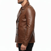 model-side-view - Men's Double-Breasted Leather Pea Coat, Military-Inspired Leather Jacket, Leather Military Jacket