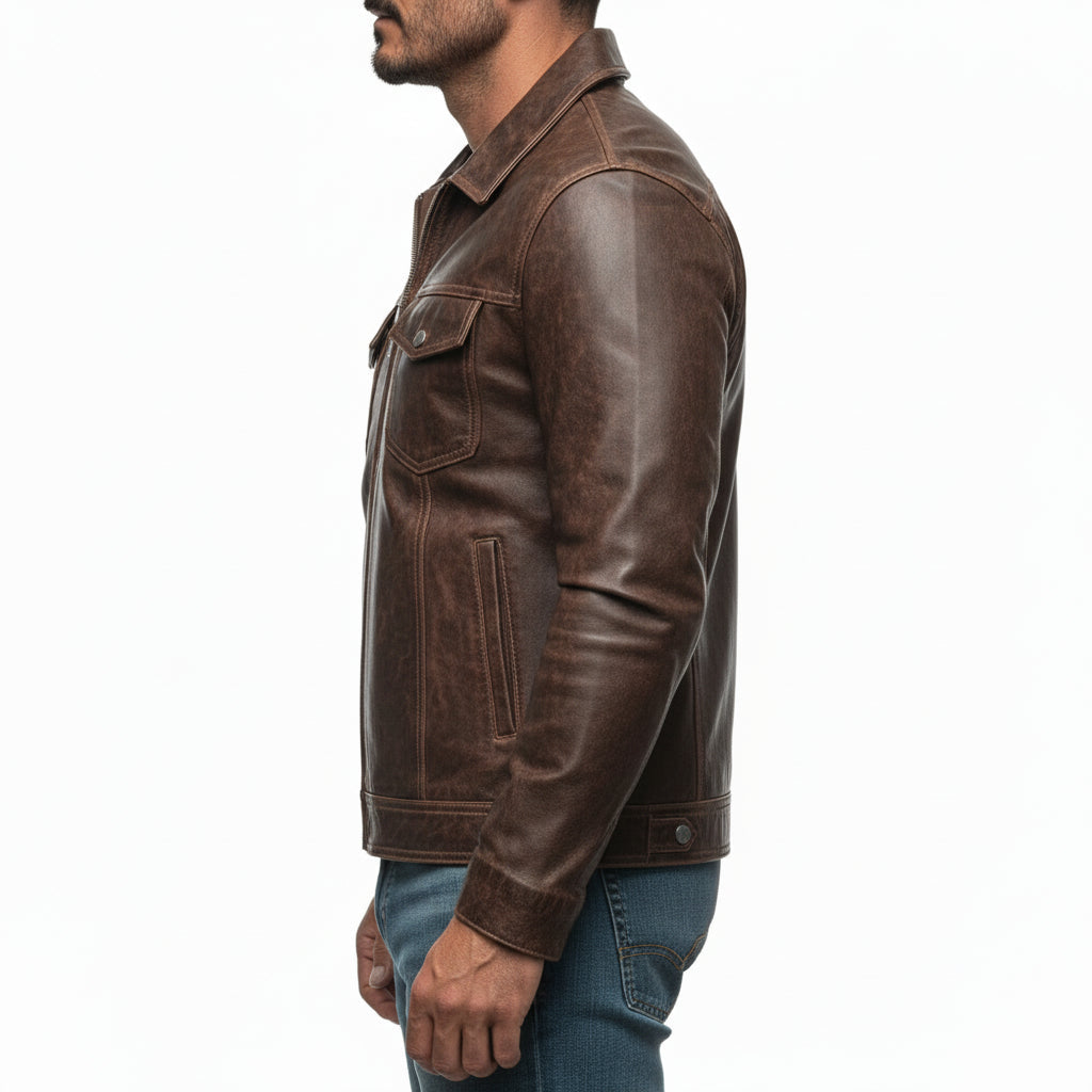 model-side-view - Men's Field Jacket Leather Jacket, Leather Trucker Jacket, Men's Outdoor Leather Jacket, Distressed Leather Jacket