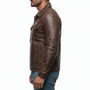 model-side-view - Men's Field Jacket Leather Jacket, Leather Trucker Jacket, Men's Outdoor Leather Jacket, Distressed Leather Jacket