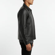 model-side-view - Men's Leather Jacket, Classic Leather Jacket, Minimalist Leather Jacket, Black Leather Jacket