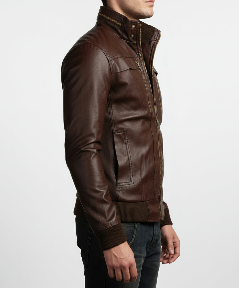 model-side-view - Men's Leather Jackets Korean Style Casual Slim Fit Biker Leather Jacket