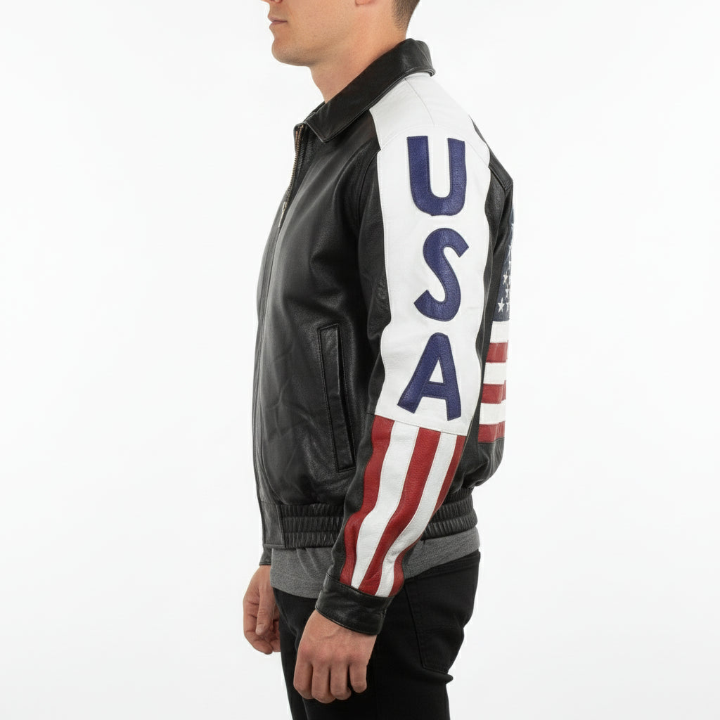 model-side-view - Men's Leather USA Flag Jacket with YKK Zips