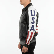 model-side-view - Men's Leather USA Flag Jacket with YKK Zips