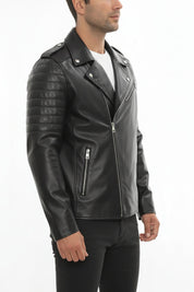 model-side-view - Men's Moto Leather Jacket, Biker Jacket, Leather Motorcycle Jacket, Men's Leather Moto Jacket