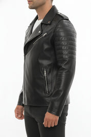 model-side-view - Men's Moto Leather Jacket, Biker Jacket, Motorcycle Jacket, Leather Moto Jacket