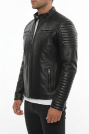 model-side-view - Men's Moto Leather Jacket, Racer Style Jacket, Leather Motorcycle Jacket, Biker Jacket