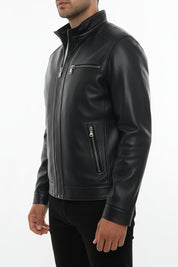 model-side-view - Men's Racer Leather Jacket, Black Leather Jacket, Cafe Racer Jacket, Slim Fit Biker Jacket