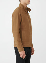 model-side-view - Men's Racer Suede Jacket, Men's Suede Jacket, Racer Style Jacket, Lightweight Suede Jacket