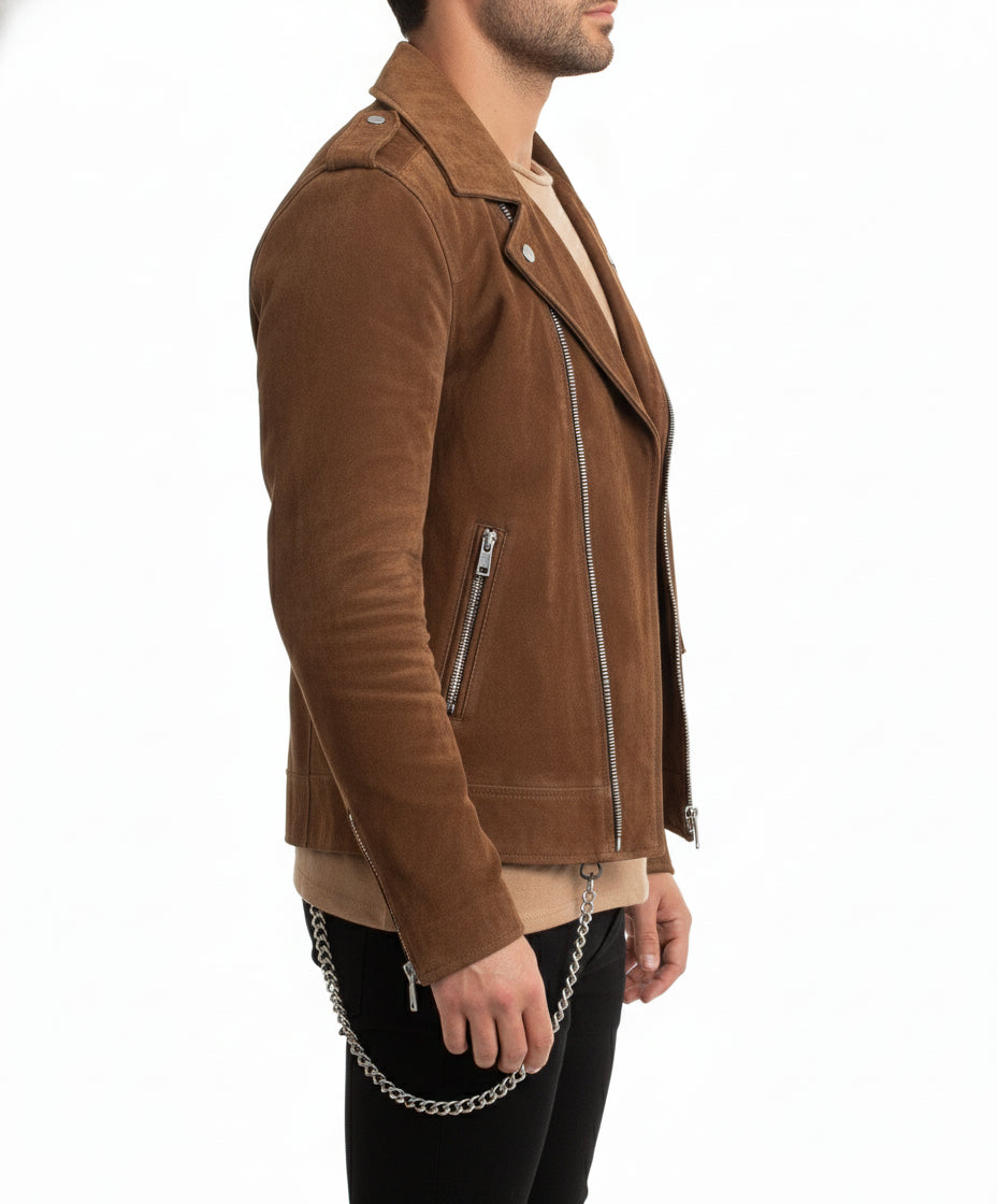 model-side-view - Mens Tan brown Suede biker Jacket, Men brown biker suede leather Jacket