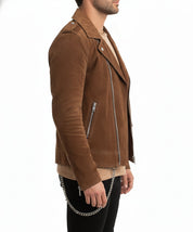 model-side-view - Mens Tan brown Suede biker Jacket, Men brown biker suede leather Jacket
