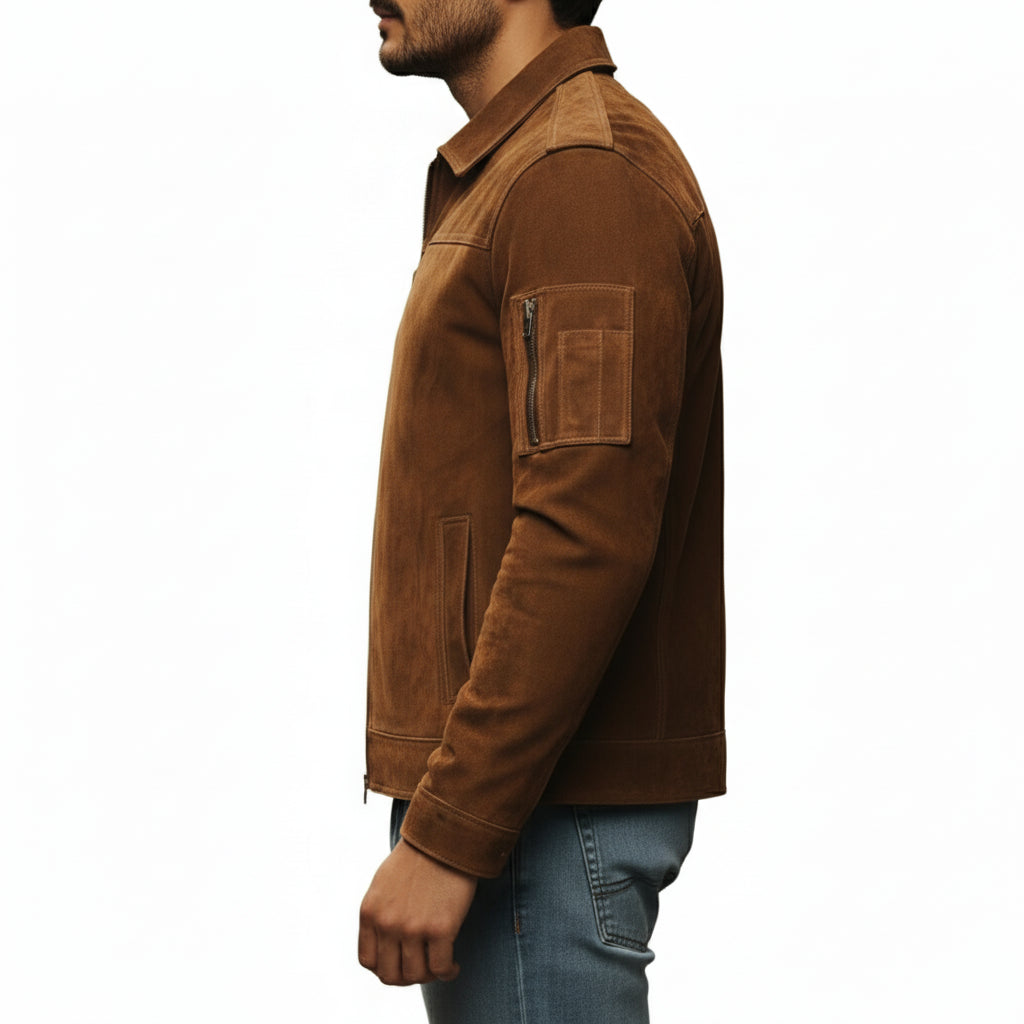 model-side-view - Men's Trucker Suede Jacket, Suede Biker Jacket, Men's Casual Suede Jacket, Suede Moto Jacket