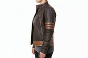 model-side-view - Men’s X-Men Inspired Brown Leather Jacket, Stylish Motorcycle Jacket
