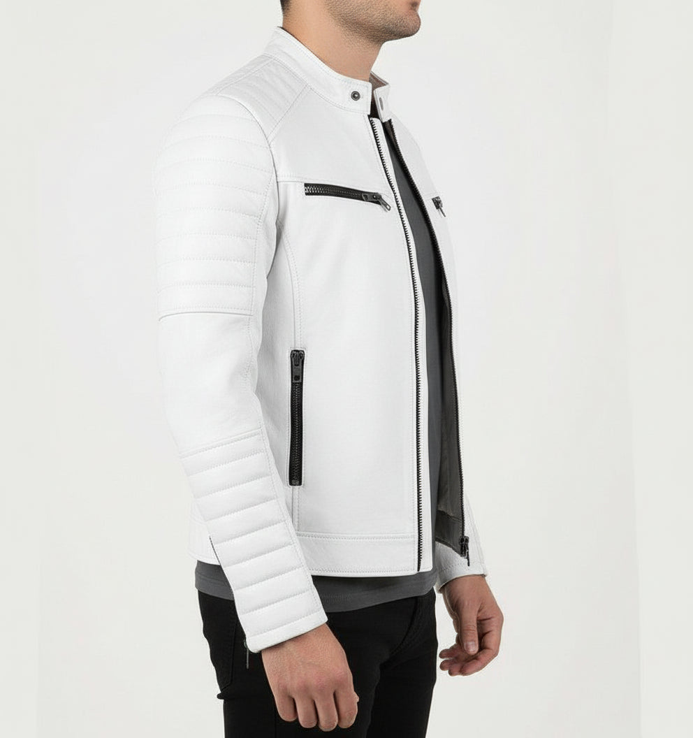 model-side-view - New Men Fashion Trend White Motorcycle Leather Jacket, Biker Fashion