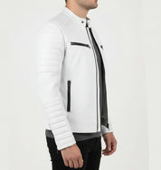 model-side-view - New Men Fashion Trend White Motorcycle Leather Jacket, Biker Fashion
