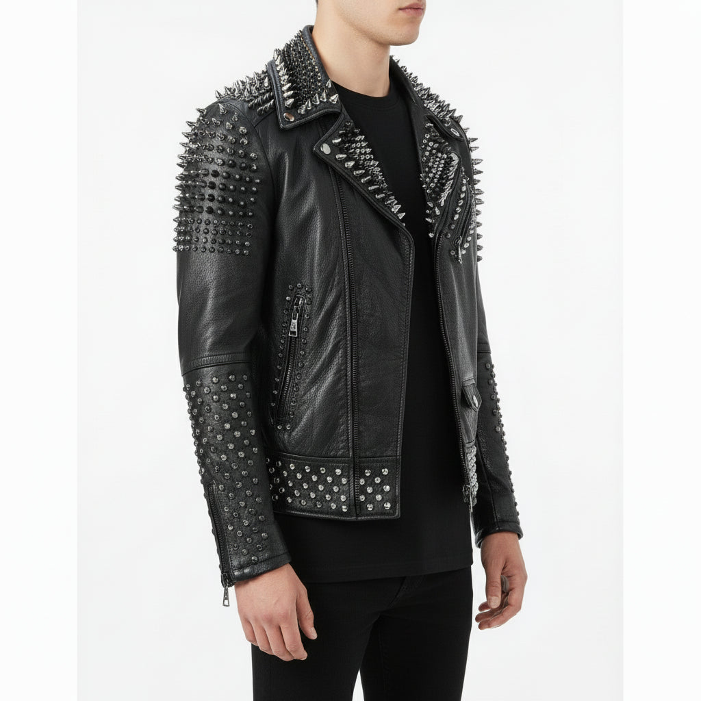 model-side-view - Punk Men Make to Order Rock Studded Jacket, Moto Biker Jacket