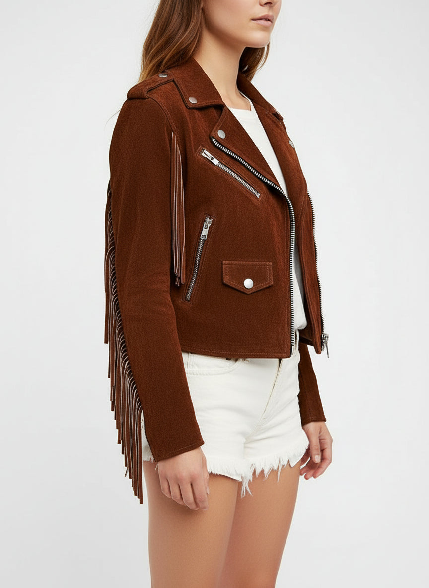 model-side-view - Punk Women Brown Rock Style Studded Fringe Jacket, Biker Suede Jacket