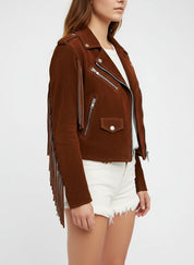 model-side-view - Punk Women Brown Rock Style Studded Fringe Jacket, Biker Suede Jacket