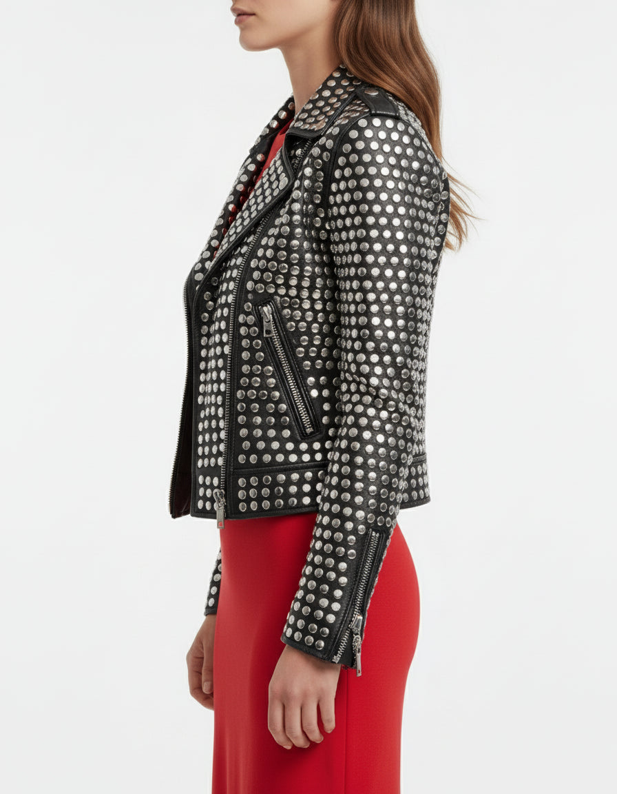 model-side-view - Women All over sliver studded Moto Jacket, 's Fashion moto Jacket