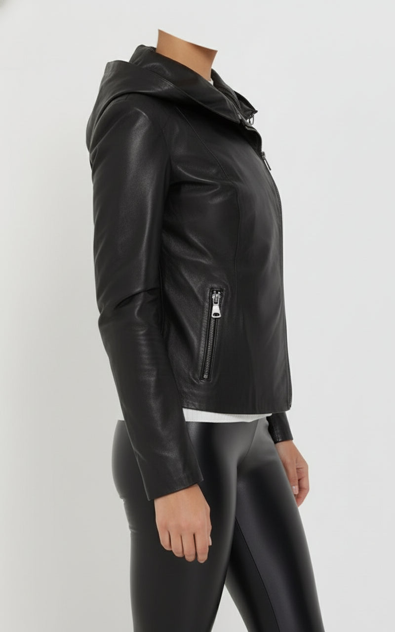 model-side-view - Women's Asymmetrical Moto Leather Jacket, Leather Hooded Jacket, Women's Biker Jacket, Women's Motorcycle Jacket