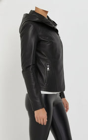 model-side-view - Women's Asymmetrical Moto Leather Jacket, Leather Hooded Jacket, Women's Biker Jacket, Women's Motorcycle Jacket