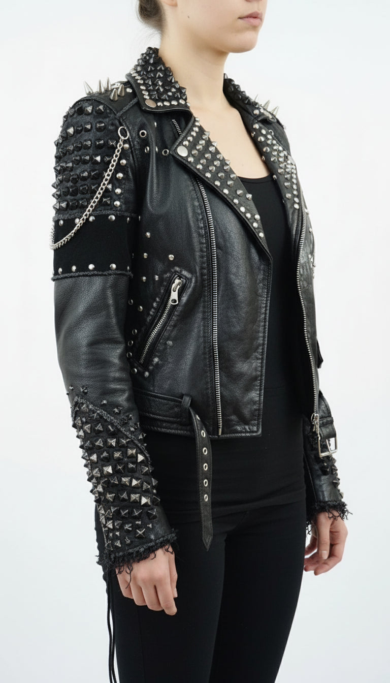 model-side-view - Women's Biker Leather Jacket, Custom Moto Jacket, Handmade Leather Jacket, Punk Style Biker Jacket