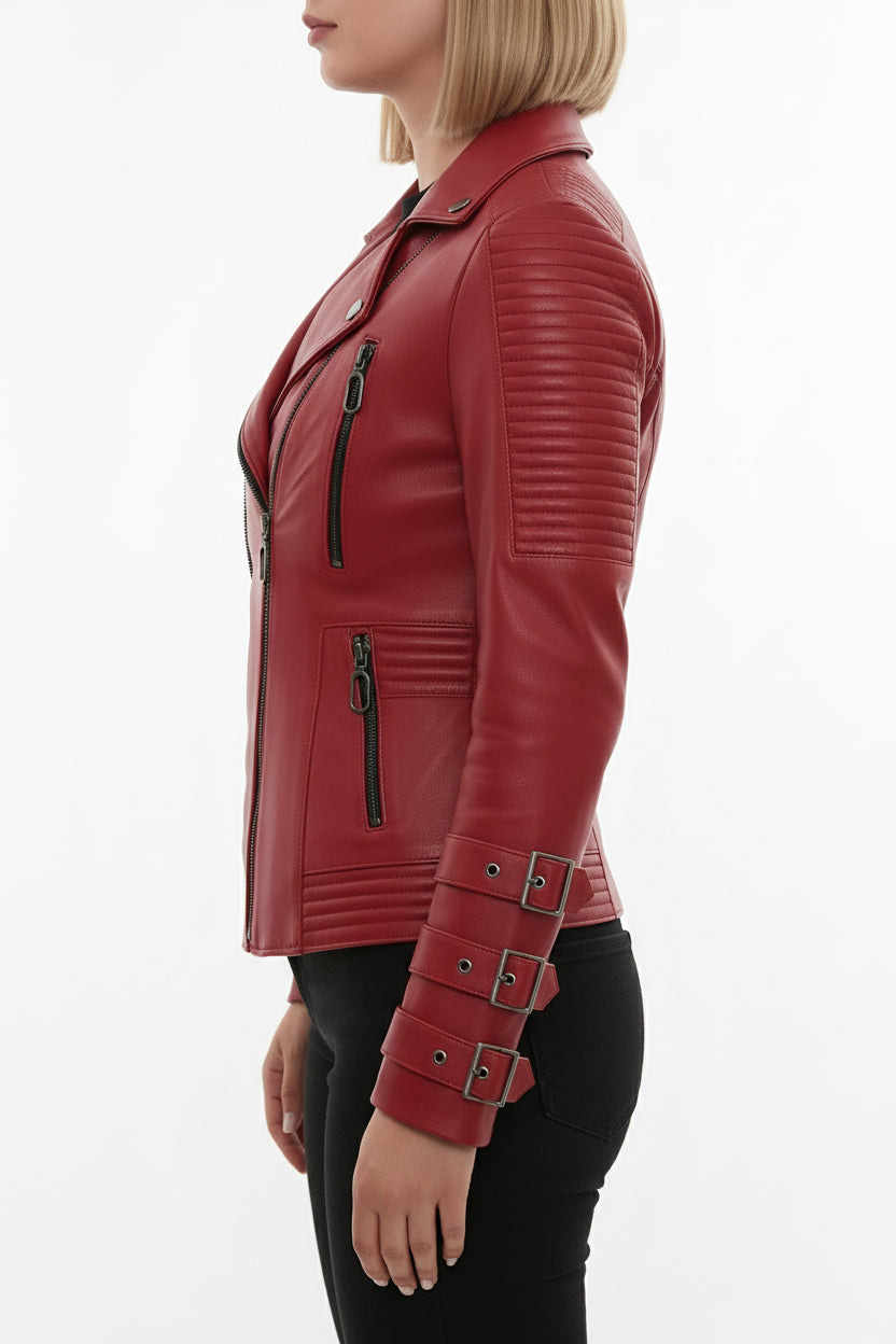 model-side-view - Women's Biker Leather Jacket, Moto Jacket for Women, Handmade Leather Biker Jacket, Asymmetrical Zip Women's Jacket